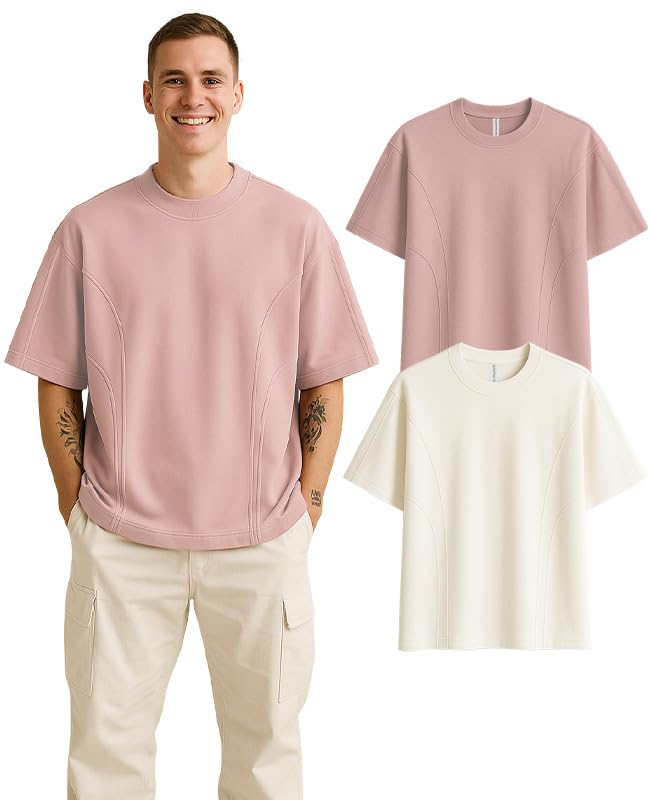 Image of Sleepynuts Men 220 GSM 100% Pure Cotton Oversized Baggy Fit Drop Shoulder Round Neck T-Shirt Pack of 2 (Vintage Pink, Off White-M)