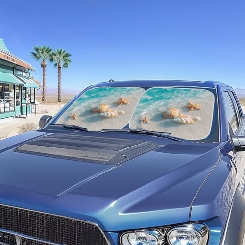 Image of Car Front Windshield Sun Shade 2 Pcs Beach Shells Starfish Sunshade for Car Windshield Foldable Car Accessories Universal for Most Cars Women Men, Blocks UV Rays