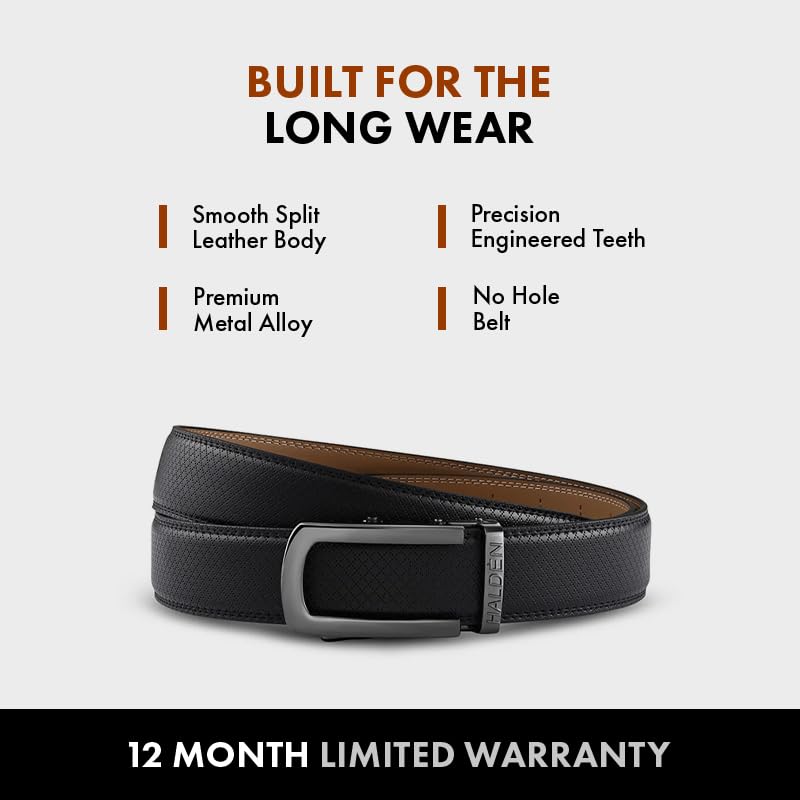 Image of HALDEN THEO Belt For Men Leather Original (Adjustable Fits Up to 44 Inch Waist) Ratchet Straps, Unique Magnetic Auto-lock Buckle Adjustable Belt For Men