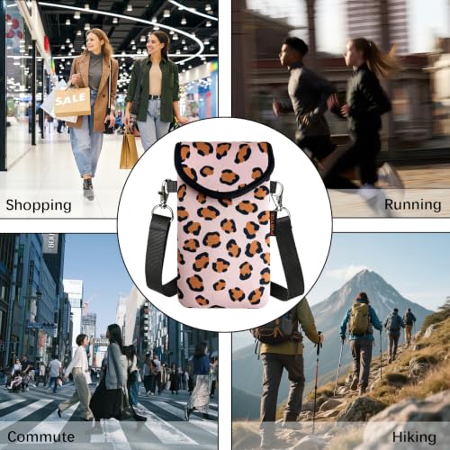 Image of Neoprene Phone Sleeve Pouch Case Bag for Men Women w /Crossbody Strap /Neck Lanyard for iPhone 17 /16 /15 /14 Pro Max, Samsung S25,Pixel 10 Leopard Print