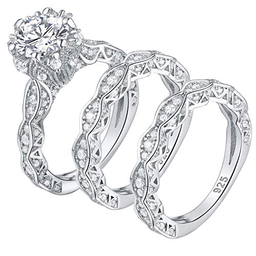 Wuziwen 4ct Cubic Zirconia Simulated Diamond Wedding Engagement Ring Sets Sterling Silver 3mm Cubic Zirconia Bands Sterling Silver CZ Stackable Eternity Ring for Women Size 7.5