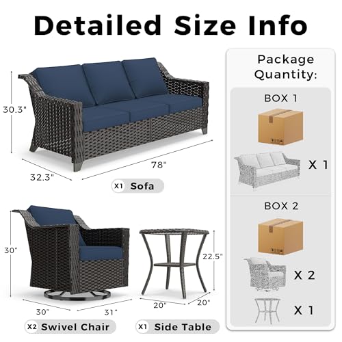Image of 4 Piece Patio Furniture Set, Wicker Outdoor Conversation Set | Patio Chair Set with Olefin Removable Cushion, All-Weather Outdoor Couch with Deep Seat for Porch, Deck and Backyard, Blue