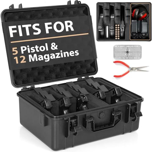 ITHWIU 5 Gun Case & 12 Magazine TSA Approved Waterproof Pistol Case with Pre-Cut Foam Shockproof Travel Carrying Hard Shell Handgun Case Included Silica Gel Canister, Black