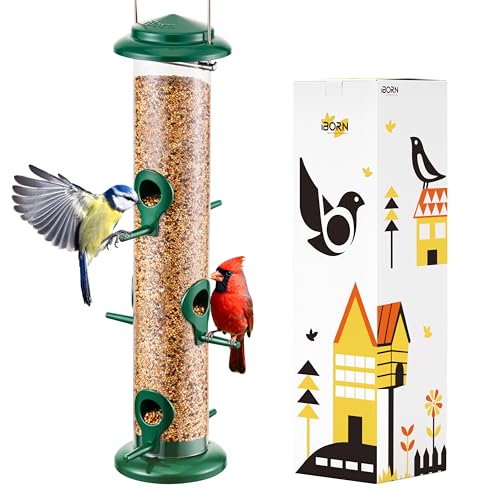 iBorn Metal Bird Feeders 6 Ports Hanging Wild Bird Seed Feeder for Mix Seed Blends Seed Feeder Sunflower Heart Birdbath Heavy Duty All Metal Green Finishing 15 Inch 6Port Gift Box