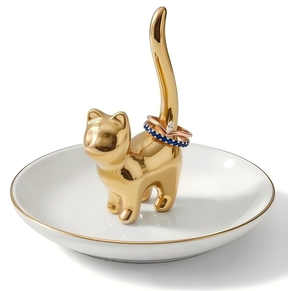 ROSA&ROSE Cat Ring Holder Jewelry Dish for Mom Ceramic Ring Dish Trinket Tray for Jewelry Mothers Day Gift for Mom Wife Grandma Cute Vanity Organizer Dish