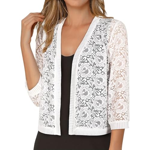 Cocila Cardigan Tricoté en Dentelle De Couleur Unie avec Col V Et Manches Trois Quarts pour Femmes Cardigans LéGers Grande Taille (White XL) Veste Blanche Veste Only Blouson Moto