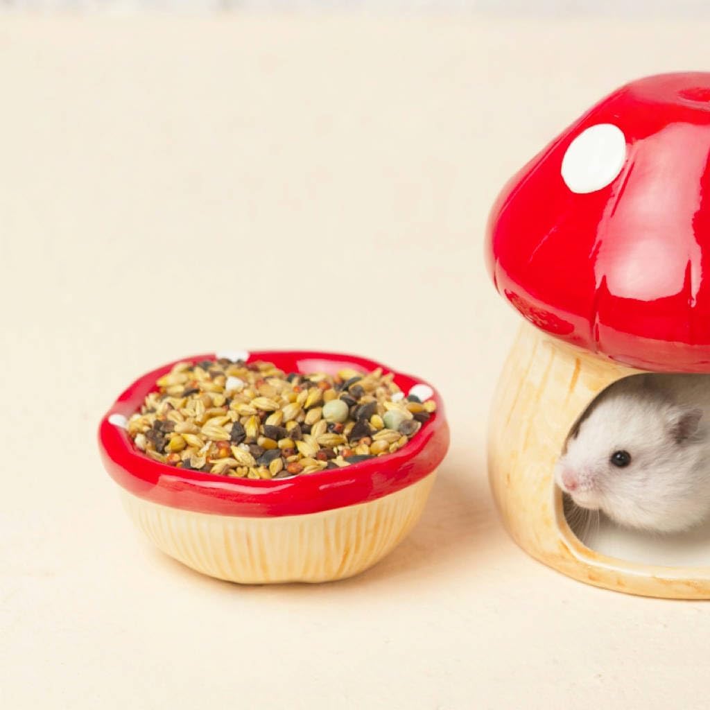 Red Ceramic Mushroom Hamster Habitat Set - Includes Mushroom-Shaped Hideout, 80ml Water Bottle with Holder, and Food Dish - Adorable 4-Piece Accessory Kit for Small Pets