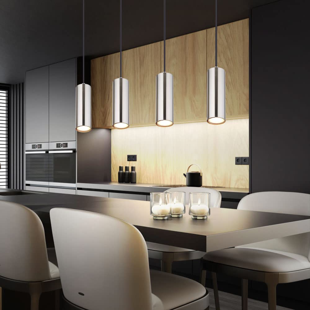 Hängeleuchte silber Pendelleuchte Esszimmerlampe 4-flammig Deckenleuchte hängend chrom, Metall nickel, 4x GU10 Fassungen, LxBxH 65x6x120 cm