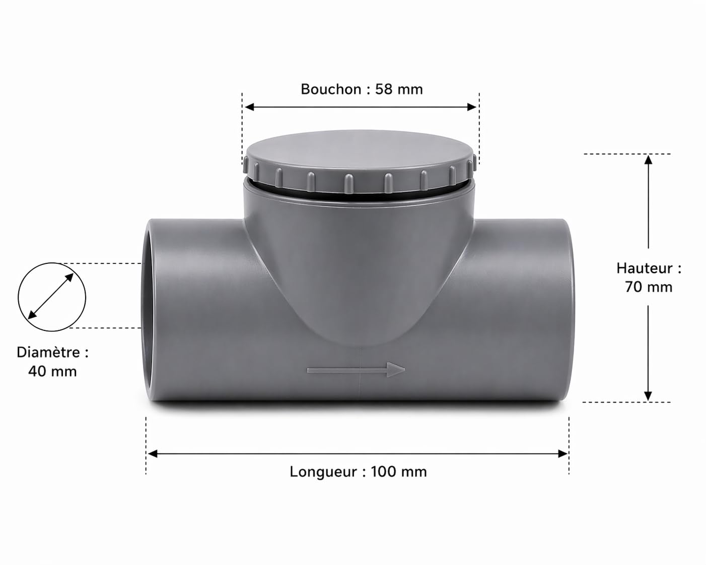 Clapet Anti-Retour Ø 40 Anti Refoulement PVC Femelle Femelle à Coller avec Bouchon de Visite pour Eaux Usées