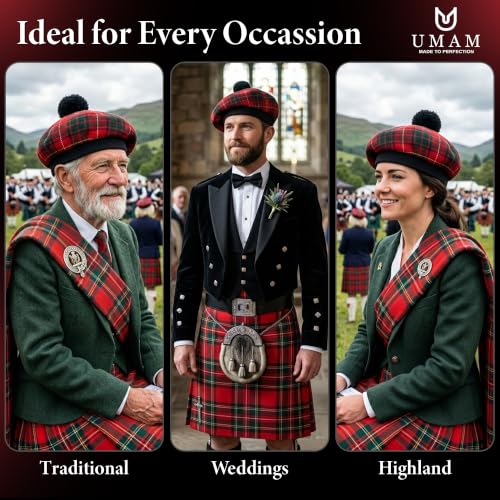 Image of Scottish Tam O' Shanter Hat Tartan Bonnet Pom Pom Wool Flat Cap One Size