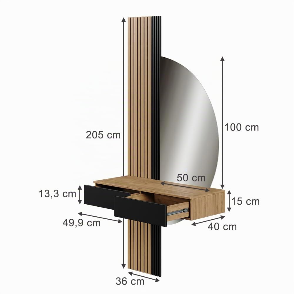 Vicco Coiffeuse Melina, Chêne/Noir, 100cm | avec miroir LED, Parfait pour une routine beauté structurée