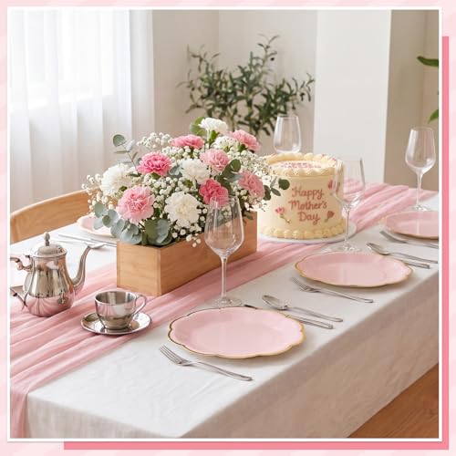 Image of NatNarr 30 Pcs Pink Plates with Gold Trim 7 Inch Pink and Gold Party Plates Scalloped Cake Dessert Plate Disposable for Baby Shower, Wedding, Birthday, Bridal shower