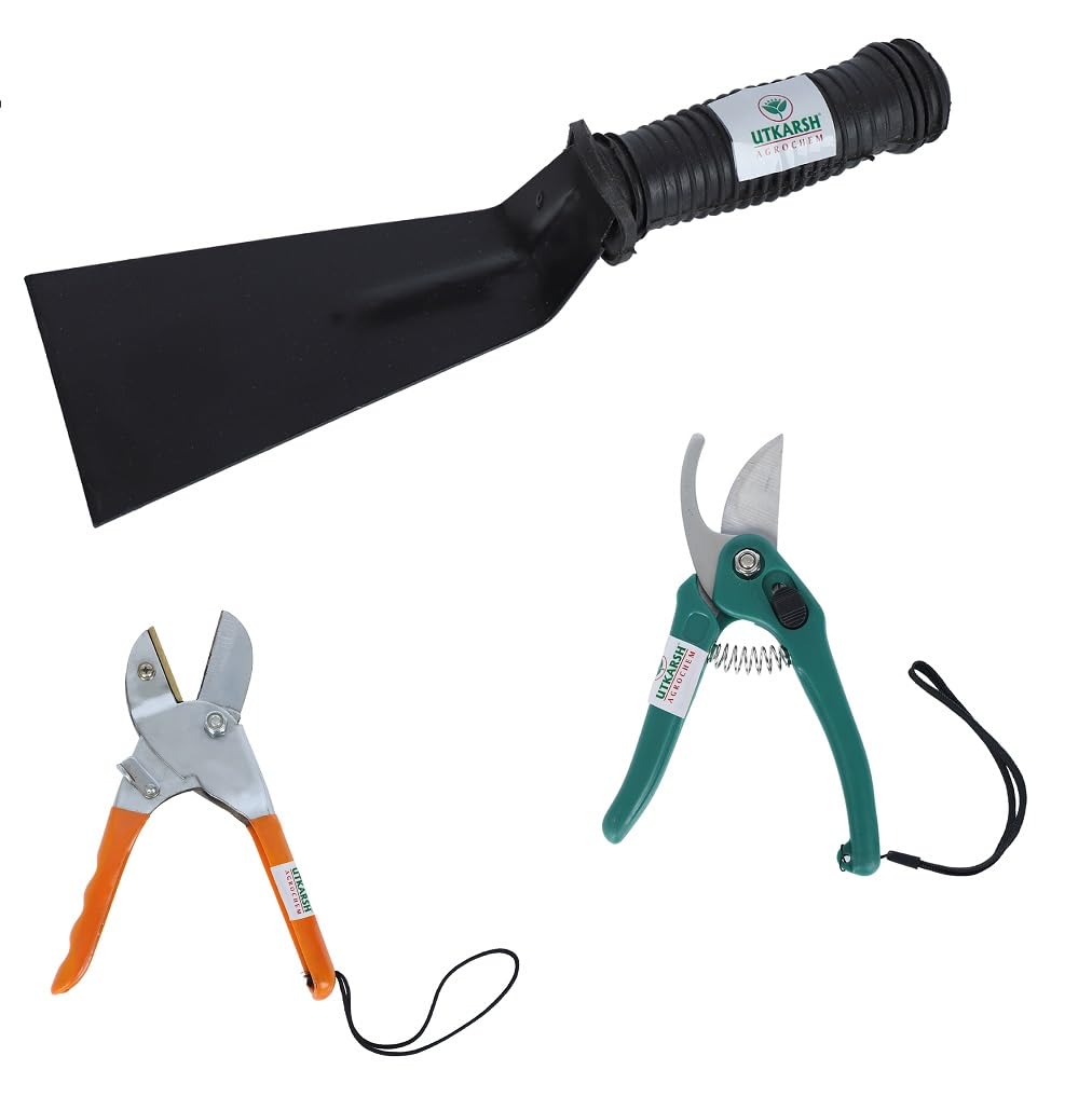 Utkarsh 3 inch Khurpi, Garden Pruner Cutters & Anvil Roll Cut Secateurs| Khurpi Gardening Tools for Soil Digging | Plant Cutters for Home Garden | Heavy Duty Gardening Tool Cutters - Pack of 3 Tools (B0CKF6MSCH) Amazon Price History, Amazon Price Tracker