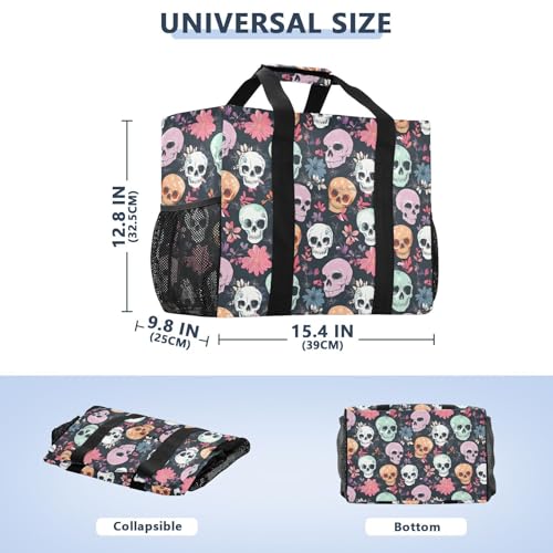 Bolaz Travel Tote Bag，Gym Bag for Men,Waterproof Beach Bag for Women Foldable Reusable-Colorful Skull Flowers53