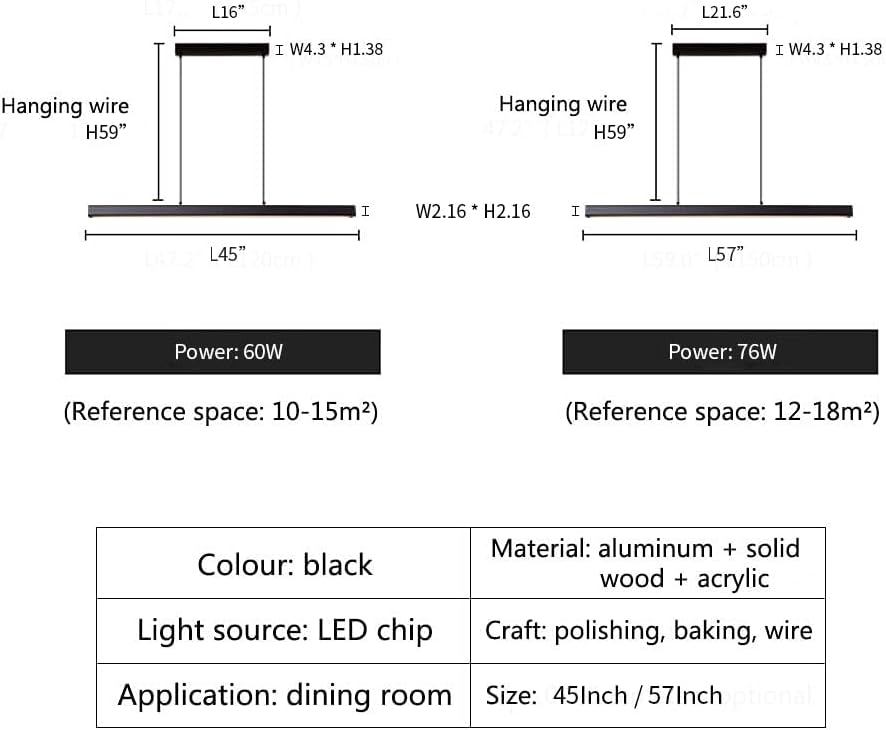 JAYMP Minimalist Linear Pendant Light Dimmable LED Modern Chandelier Dining Room Island Light Restaurant Cafe Bar Office Hanging Lamp Black 57"