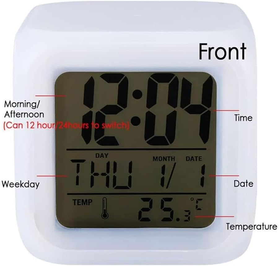 Digital Alarm Clock with 7 Color Changing Night Light 3 Inch Cubic Wake Up Clock with Snooze, Date Display, Temperature Detect, 12/24H, Battery Operated, Easy to Set, Digital Calendar Alarm Clock