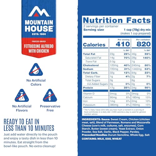 Image of Mountain House Fettuccine Alfredo with Chicken | Freeze-Dried Food for Camping, 4 Servings, 30-Year Shelf-Life, 2-Pack