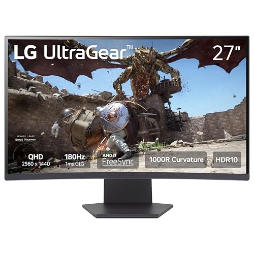 LG 27GS60QC-B Ultragear Curved Gaming Monitor 27-Inch QHD (2560×1440) 180Hz 1ms 1000R AMD FreeSync HDR10 HDMIx2 DisplayPort Borderless Design Black Stabilizer DAS Crosshair FPS Counter – Black