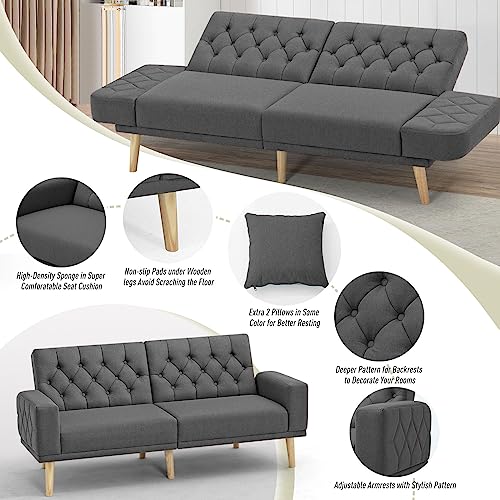 Acmease 70” Linen Fabric Futon Sofa Bed With Adjustable Backrests, Tufted Sleeper Couch With Convertible Armrest, 82” Extendable Loveseat Sofa With 2 Pillows For Living Room, Bedroom, Dark Grey #TOP1