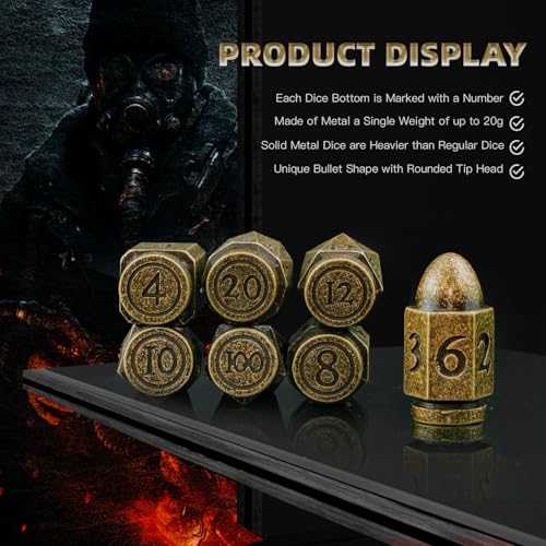 Bullet Dice,HNCCESG DND Dice of Dungeons and Dragons Dice,Metal Dice Set Polyhedral for Crime Theme Role Playing Game (Bronze) - Image 2