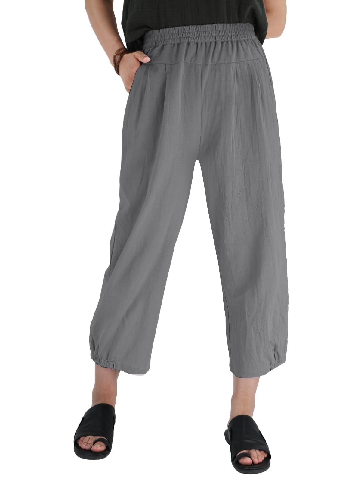 Les umes Damen Baumwolle Casual Capri Hose Elastische Taille Sommer Hose Haremhose mit Taschen