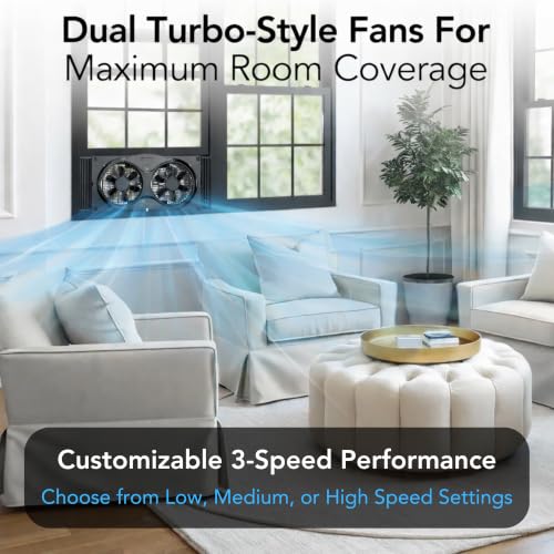 Image of Comfort Zone Window Fan for Bedroom, 23-Speed Dual Fans with Self-Locking Expanders, 3 Modes (Cool, Circular, Exhaust), Remote Control, Fabric Cover and