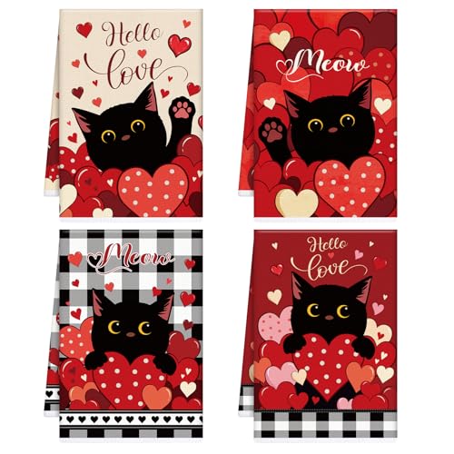 Image of Valentines Day Kitchen Towels, 4 PCS Black Cat Red Heart Dish Towels, Absorbent Hello Love Dish Cloth Hand Towel for Kitchen Anniversary Wedding Valentines Decoration Housewarming Gifts