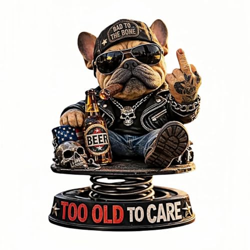 Too Old to Care - Figurine de Bulldog Bobblehead amusante pour tableau de bord de voiture avec majeur - Montage à ressort - 15 cm
