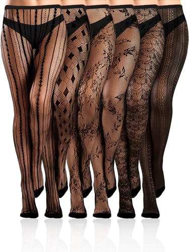 Image of Fourluoo 6 Pairs Women Fishnet Tights Lace Ripped Spider Web Fishnets Leggings Mesh Pantyhose Thigh High Stockings