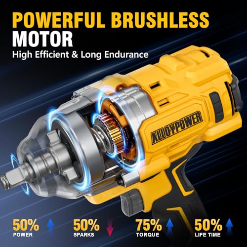ALLOYPOWER Cordless Brushless Impact Wrench, 1475 ft-lbs (2000N.m), 1/2 High Torque power impact gun, 3-Mode Speed, 4000mAh Battery, 3 Sockets, Electric Impact Wrench Set for Car Tire Truck RV Mower