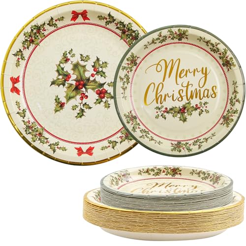 ceiba tree 48 Pack Christmas Paper Plates 24 Pcs 9" Disposable Paper Dinner Plates 24 PCS 7" Dessert Plates Christmas Holly Dinnerware Set for 24 Guests Party Supplies