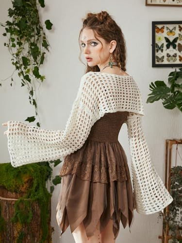 WDIRARA Women's Crochet Crop Tops Shrugs Y2k Hollow Out Sweater Knit Crochet Long Sleeve Crop Tops4