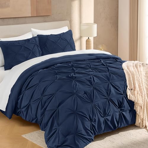 Image of Andency California King Pinch Pleat Comforter Set (104 inchx96 inch),3 Piece Lightweight Pintuck Bedding Comforters & Sets, Fluffy Down Alternative Comforter with 2 Pillow Shams for All Season,Navy Blue