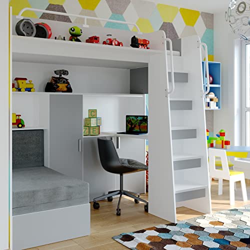 Marlux-Meble Hochbett JSM-7 90x200 TREPPE RECHTS mit Schreibtisch Schränke...
