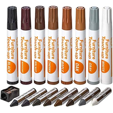 Katzco Furniture Repair Kit Wood Markers - 17 Pcs Set with Sharpener - Furniture Touch Up Markers for Floors, Bedposts, and Molding - Furniture Scratch Repair Markers - Wood Paint for Furniture Cover