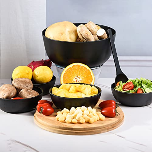 Foto von INNOVEST Salatschüssel mit Deckel Bambus mit Schneidebrett, Besteck, Salatbesteck-Inklusive 4 Servierschalen, Obstschüssel-Salad Bowl-Schüsselset-Snackschale- 3,5 l, Schwarz, 24,9 cm