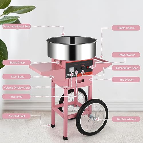 Image of ROVSUN 21 Inch Cotton Candy Machine Commercial, Candy Floss Maker Electric Cotton Candy Maker w /Cart Stainless Steel Bowl, Sugar Scoop and Large Storage Drawer for Home Party Carnival