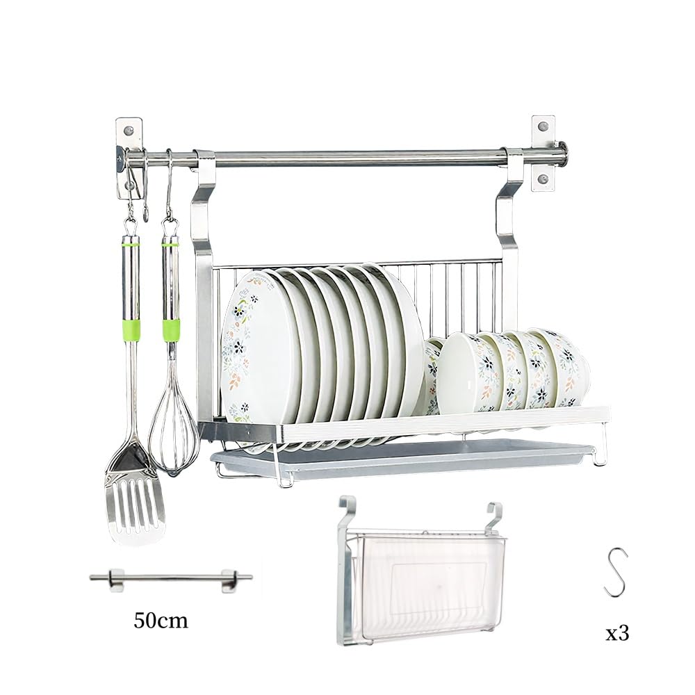 TentHome Egouttoir Vaisselle INOX Pliable Murale avec 5 Crochets, Égouttoir à Vaisselle Petit avec Plateau, Seche Porte Support Ustensiles Cuisine Assiette Bol Mural, Sechoir Rangement Vaisselle