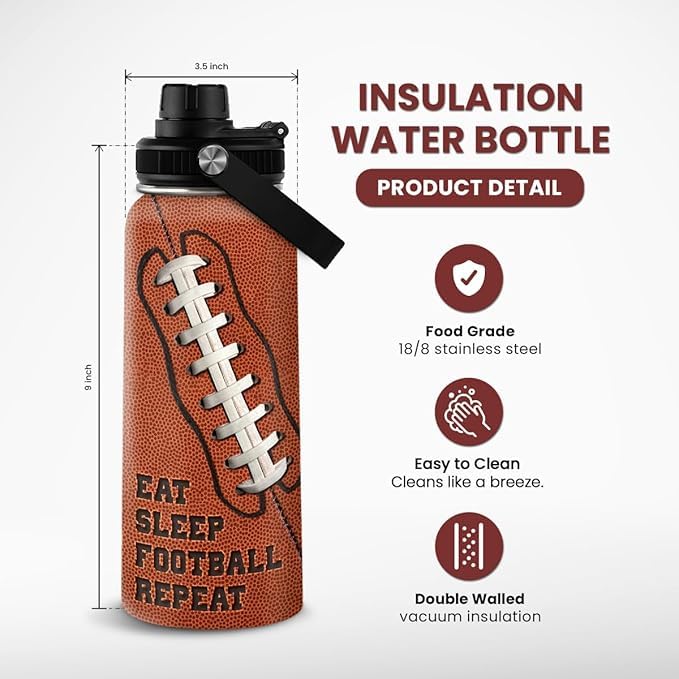 Image of SANDJEST Football Water Bottle 32oz Insulated Stainless Steel Sports Bottle - Football Fans
