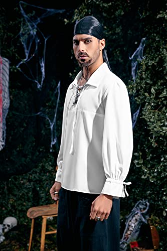Karlywindow Men's Medieval Pirate Shirts Lace Up Stand Collar Wide Cuff Halloween Costume Shirt Tops White #TOP4