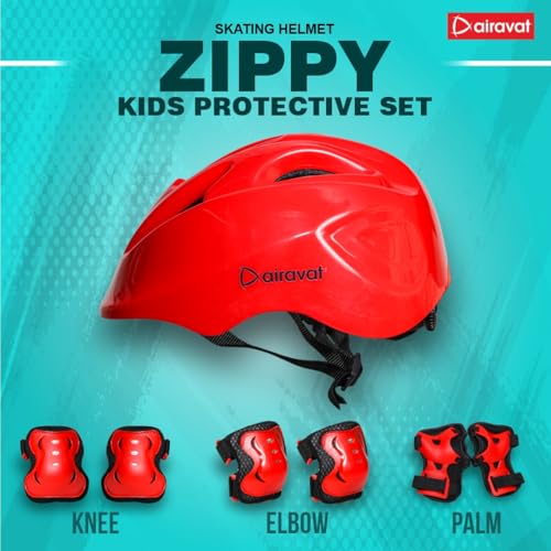 Image of Airavat 7510 Zippy Kids Protective Set Including Helmet Along with Knee Pads, Elbow Pads & Palm Guards (Red)
