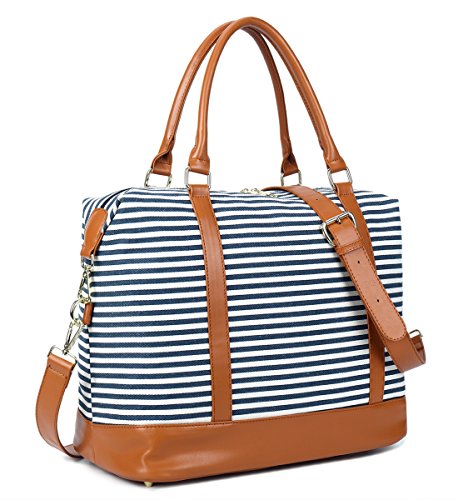 Women Ladies Canvas Weekender Bag Overnight Carry-on Tote Duffel in Trolley Handle (Blue Stripe)