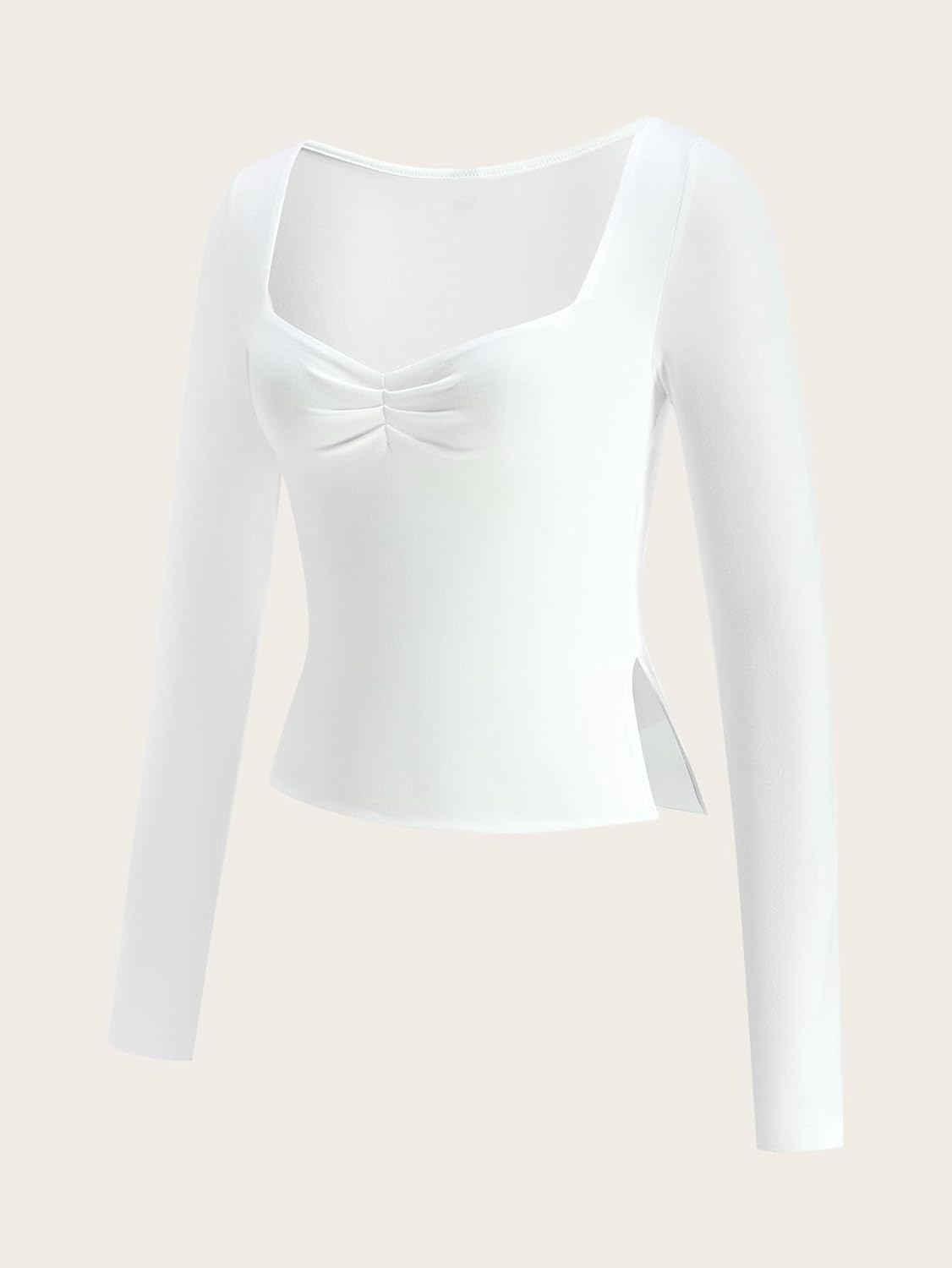 Women's Long Sleeve Crop Tops Cute Sweetheart Neckline Split Hem Going Out T Shirts - Image 3