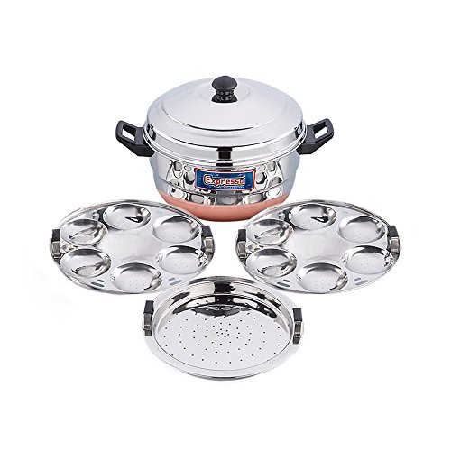 Image of Expresso Stainless Steel Gas Stove Base Standard Idly Cooker Patra w /Copper Bottom (2 Plates / 12 Idlis, 1 Steamer)