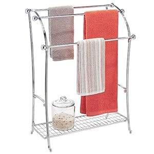 mDesign Large Standing Metal Bathroom Towel Holder Stand with Shelf – 3-Tier Towel Rack Stand for Hanging Bath, Hand, and Fingertip Towels – Towel Stand for Bathroom – Hyde Collection – Chrome
