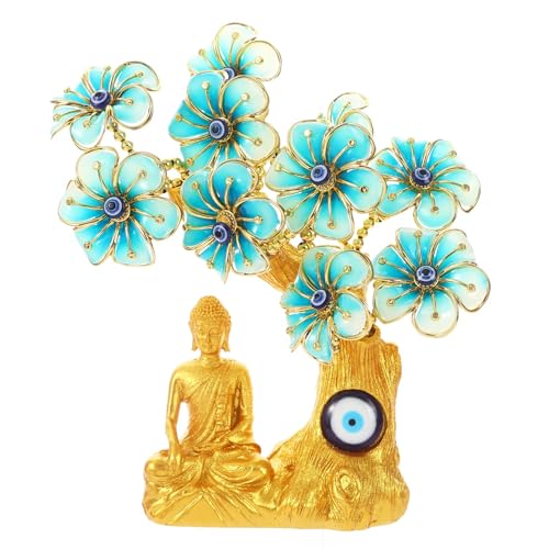 Image of eCraftIndia Tree of Life with Buddha Idol Flowers | Evil Eye Tree Showpiece (Sky Blue, Gold) Feng Shui Items for Good Luck Positive Energy Vastu Shelf Living Room Home Decor Gift for Housewarming