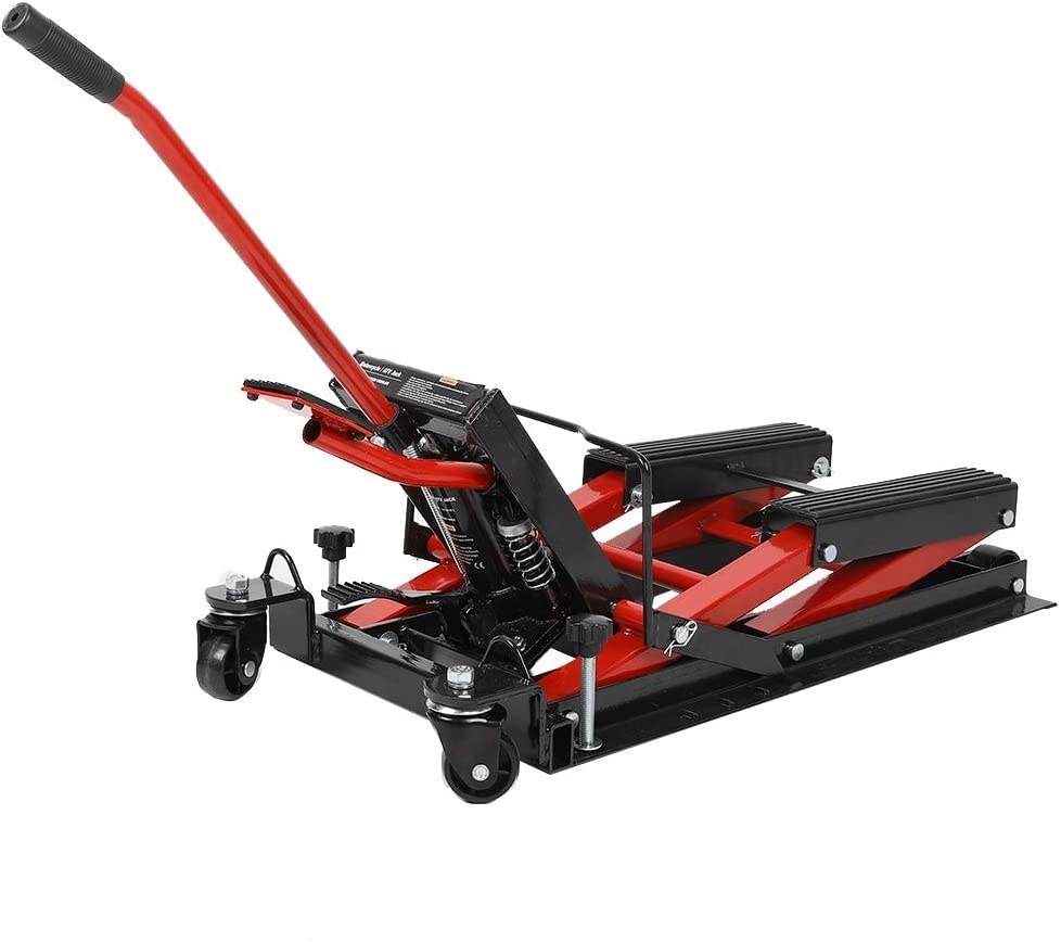 CKKNILV Motorcycle Bike Lift Jack, 1500lbs Stand Adjustable Lifting Kickstand Floor Jack Table Hoist Workshop Tool Hoist Stand