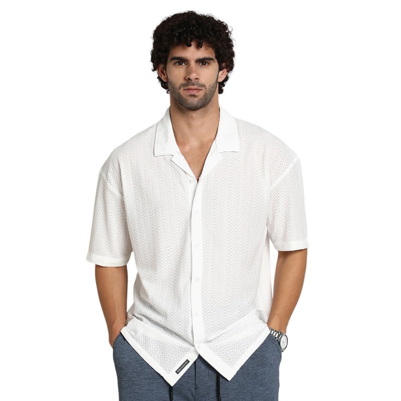 Image of CAHOOT Men's Oversized Shirt for Casual Wear | Cuban Collar | Short Regular Sleeves | Button Closure | Oversized Shirt Crafted with Comfort Fit for Everyday Wear