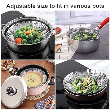 MEBISO Stainless Steel Vegetable Fruit Steamer Punching Food Drain Bowl Basket Foldable Vegetable Steamer for Cooking to Fits Various Size Pot 3