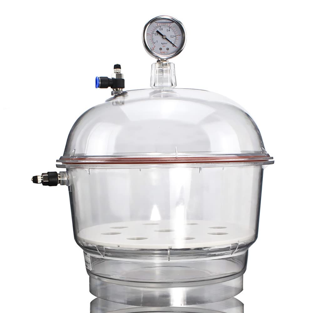 Polycarbonat Vakuum Exsikkator, 250 ml Labortrocknerbehälter mit Manometer, Vakuum Trockenschränke aus Kunststoff mit Doppelventil zum Trocknen und Aufbewahren im Vakuum (250mm)